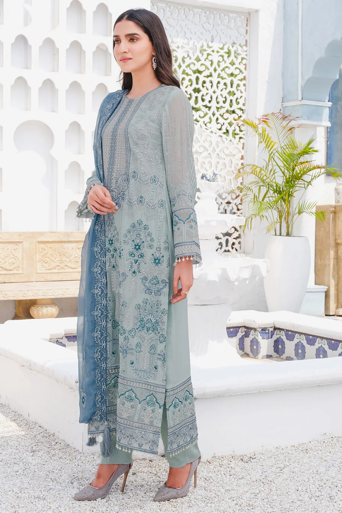 2917-SEA-PEBBLE EMBROIDERED BEMBERG CHIFFON UNSTITCHED