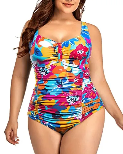Adjustable Strap Backless Plus Size One Piece Suit For Women-Blue Floral