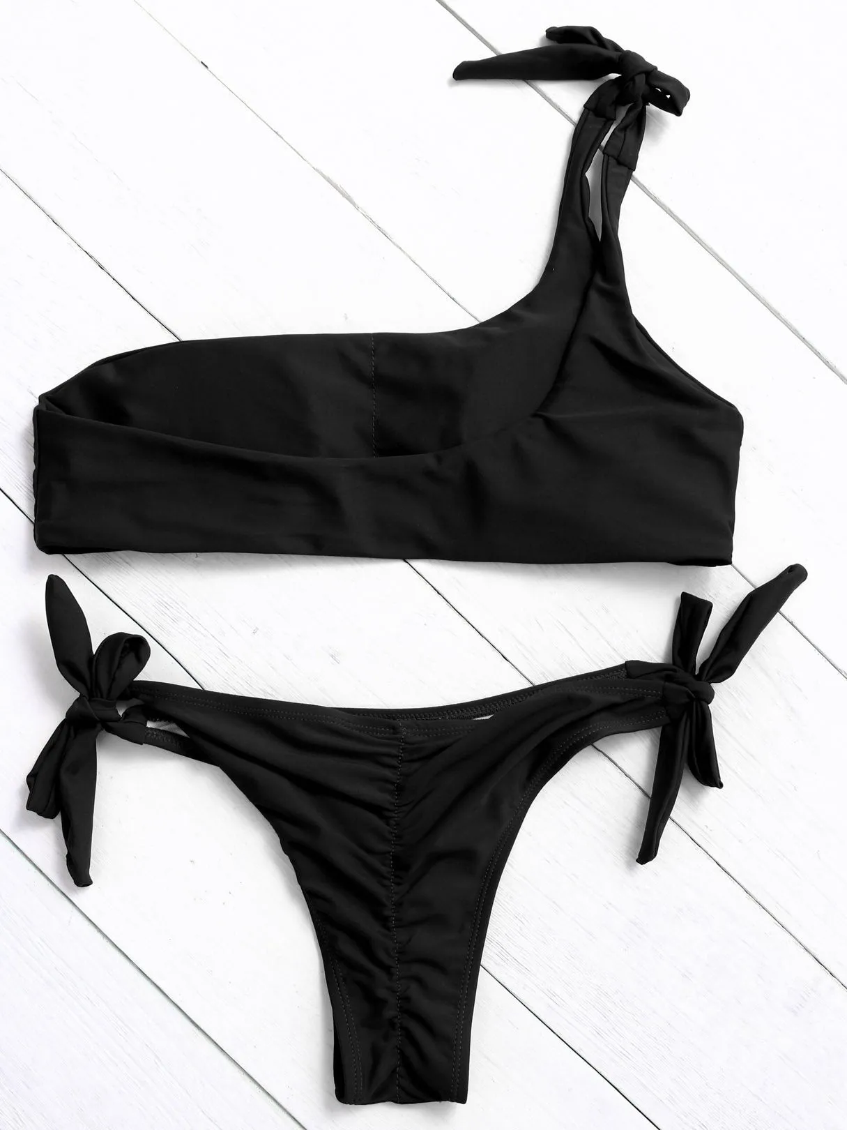 Wholesale Black Asymmetrical Sleeveless Tie-Up High Waist 2 Piece Bikinis